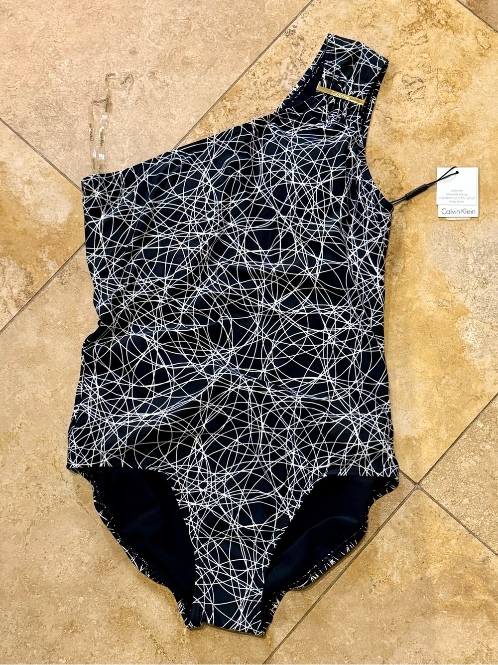 NWT Calvin Klein Black and White One-Shoulder One-Piece Swimsuit